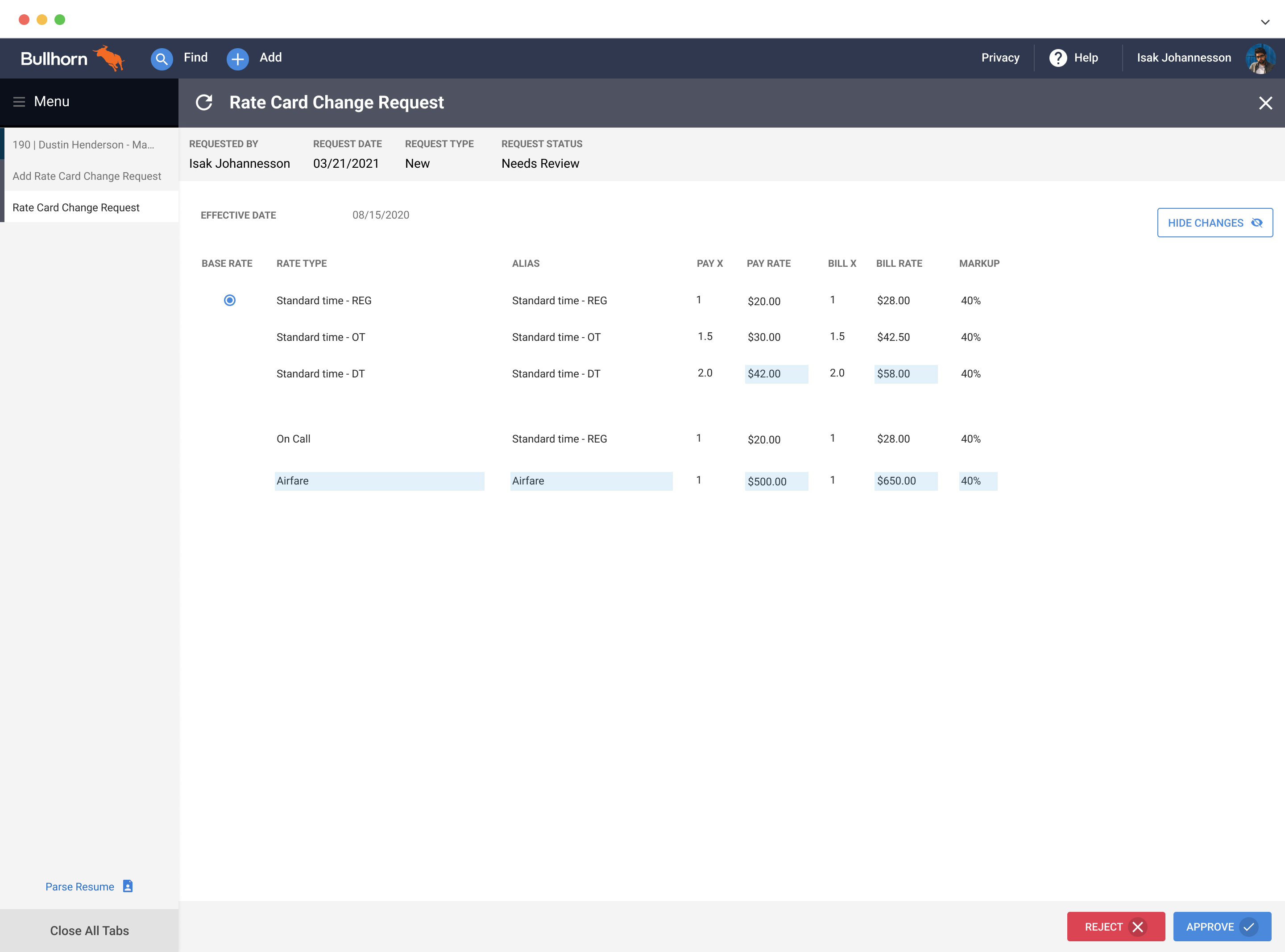 Toggle view — full rate card context alongside change request